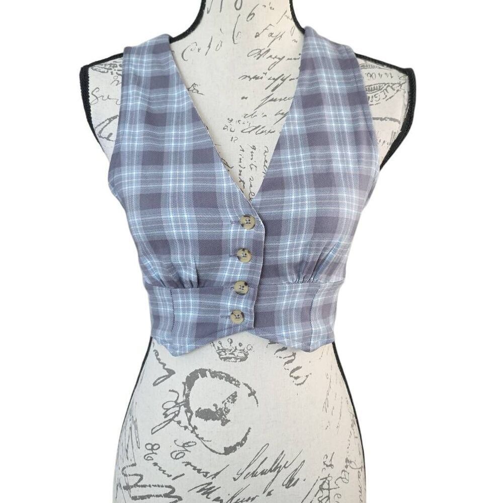 Aeropostale Women's Size Small Gray Blue Plaid Cropped V-Neck Button Down Vest